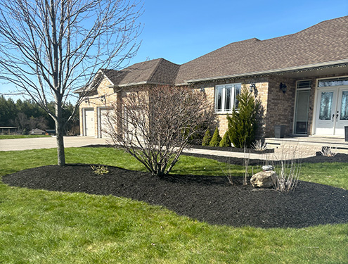 A bungalow home with new landscape construction including a new walkway and entrance stairs